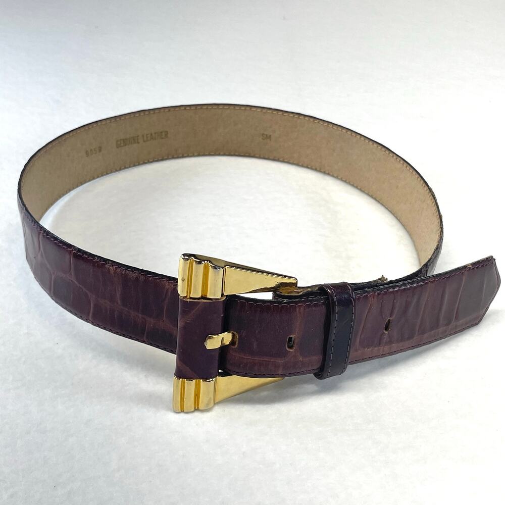 Vintage Mobwife Statement Leather Belt Burgundy Croc Embossed Gold Buckle S/M - Picture 8 of 9